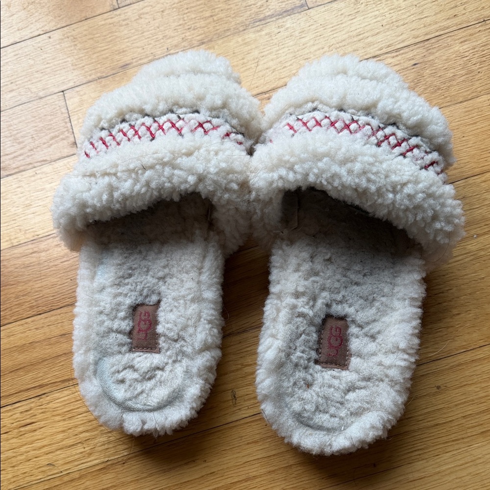 UGG Cream Shearling Slide Slippers with Red Stitching